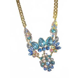 Gold-tone Statement Necklace with Blue and Multicolor Rhinestones